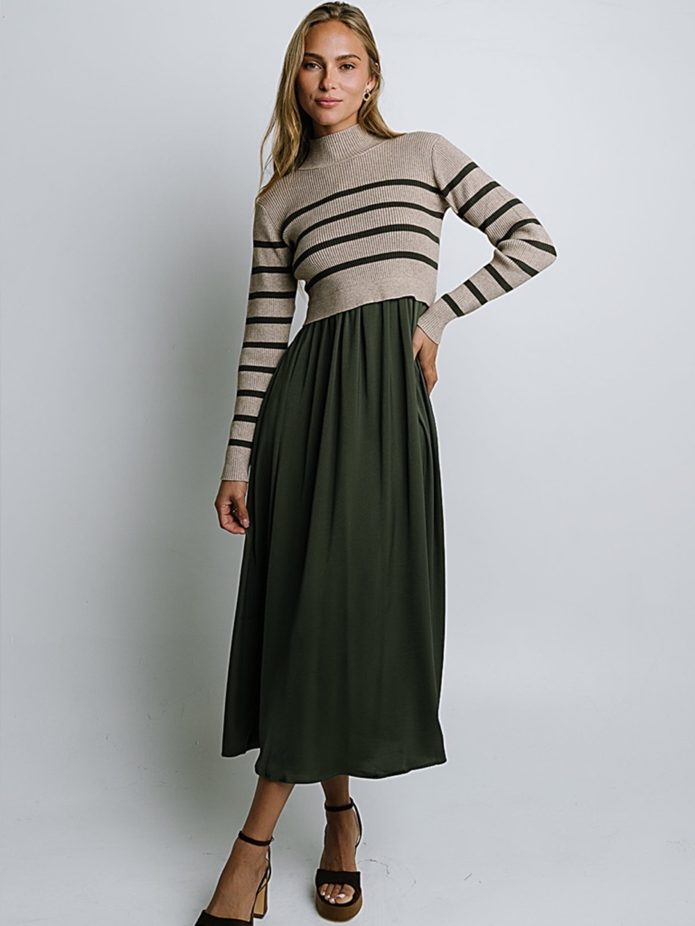 bohme Beige Striped Knit Top with Olive Maxi Skirt Dress